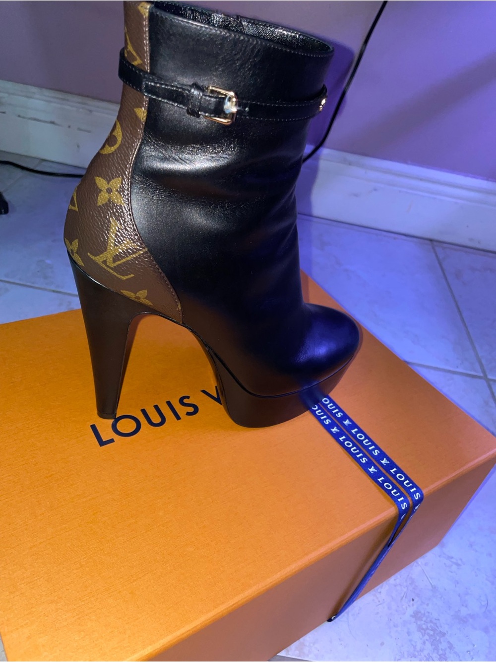 Louis Vuitton Black Leather & Brown Monogram High Heel Ankle Boots